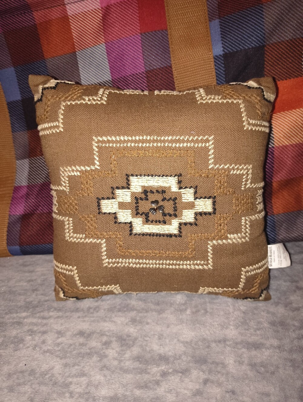 World Market Brown Southwestern Accent Pillow with Geometric Embroidery
